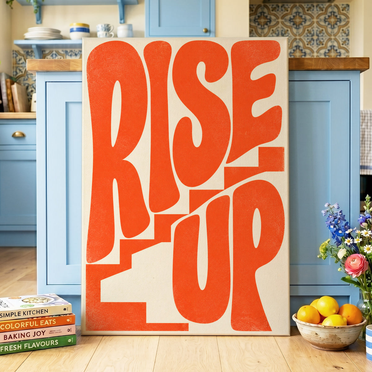 Rise Up in Orange, orange, beige abstract wall art on canvas displayed in a styled interior, gallery view 2