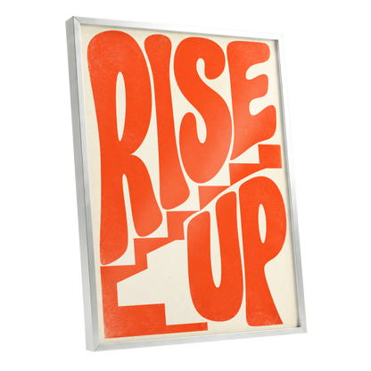 Rise Up in Orange, orange, beige abstract wall art shown as a silver framed poster wall art print