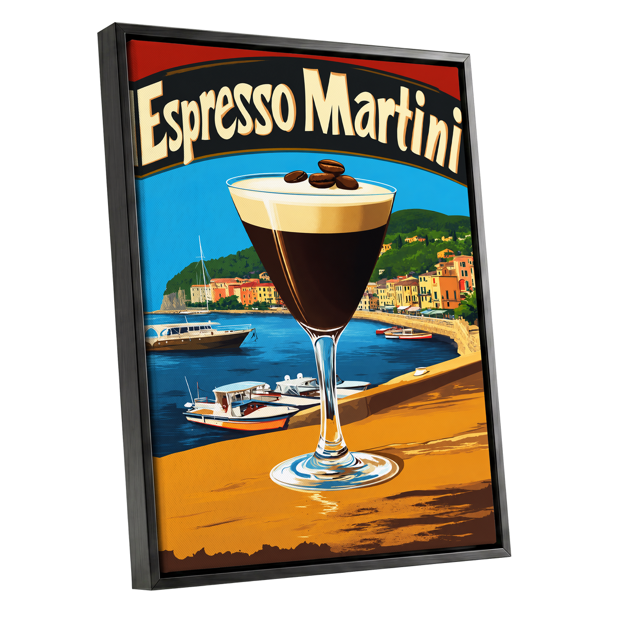 Riviera Espresso Martini, blue, orange, brown minimalist wall art shown as a black framed canvas wall art