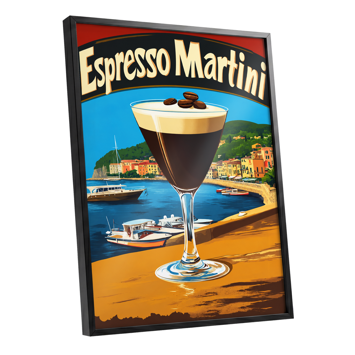 Riviera Espresso Martini, blue, orange, brown minimalist wall art shown as a black framed poster wall art print