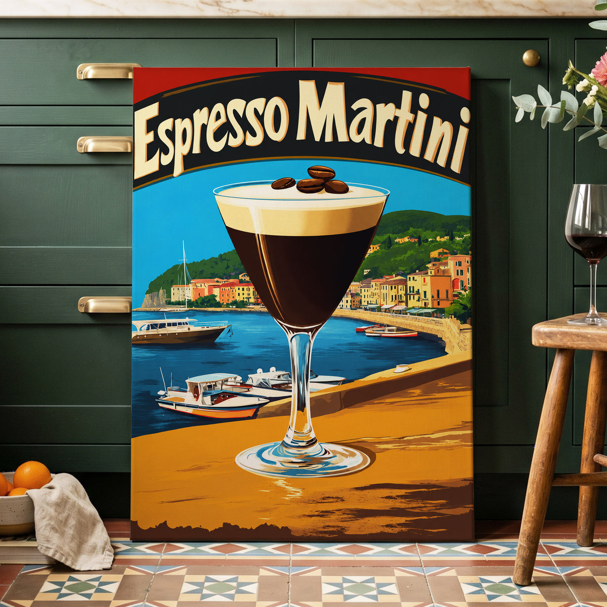 Riviera Espresso Martini, blue, orange, brown minimalist wall art on canvas displayed in a styled interior, gallery view 1