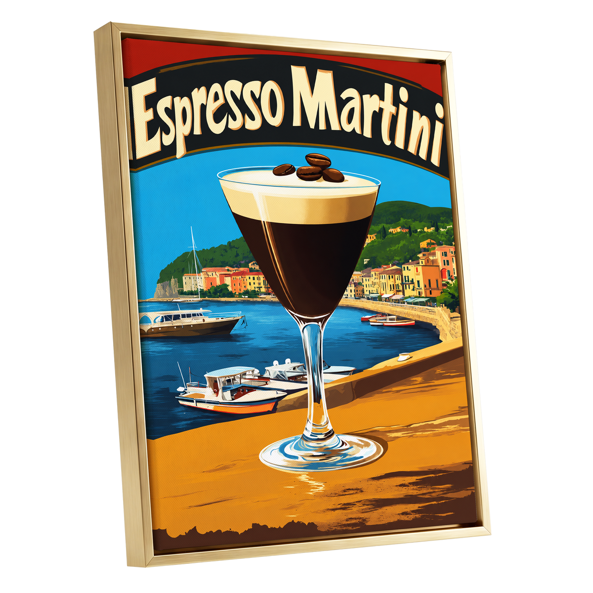 Riviera Espresso Martini, blue, orange, brown minimalist wall art shown as a gold framed canvas wall art