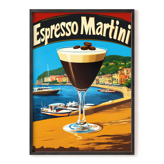 Riviera Espresso Martini, blue, orange, brown minimalist wall art, front artwork view