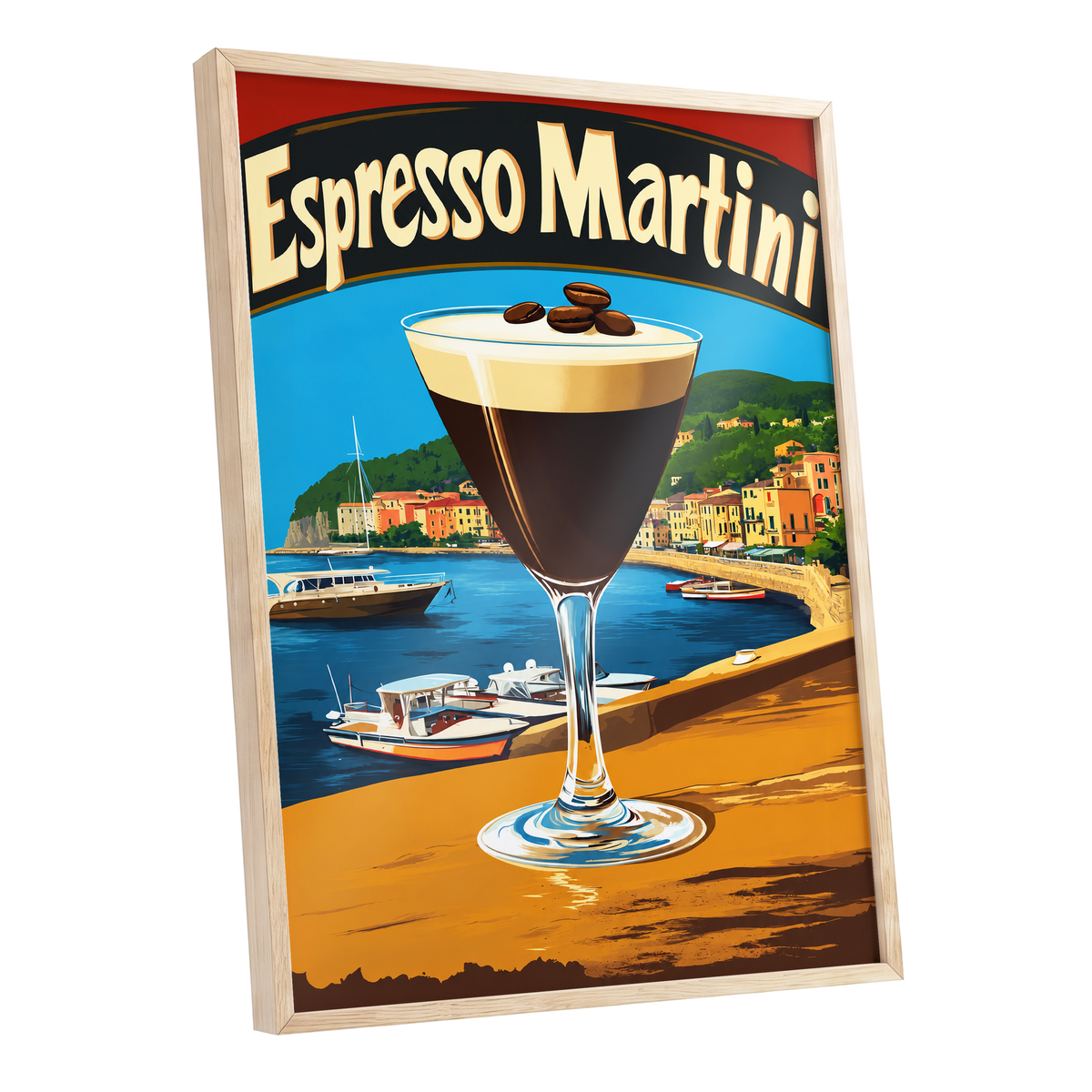Riviera Espresso Martini, blue, orange, brown minimalist wall art shown as a oak framed poster wall art print