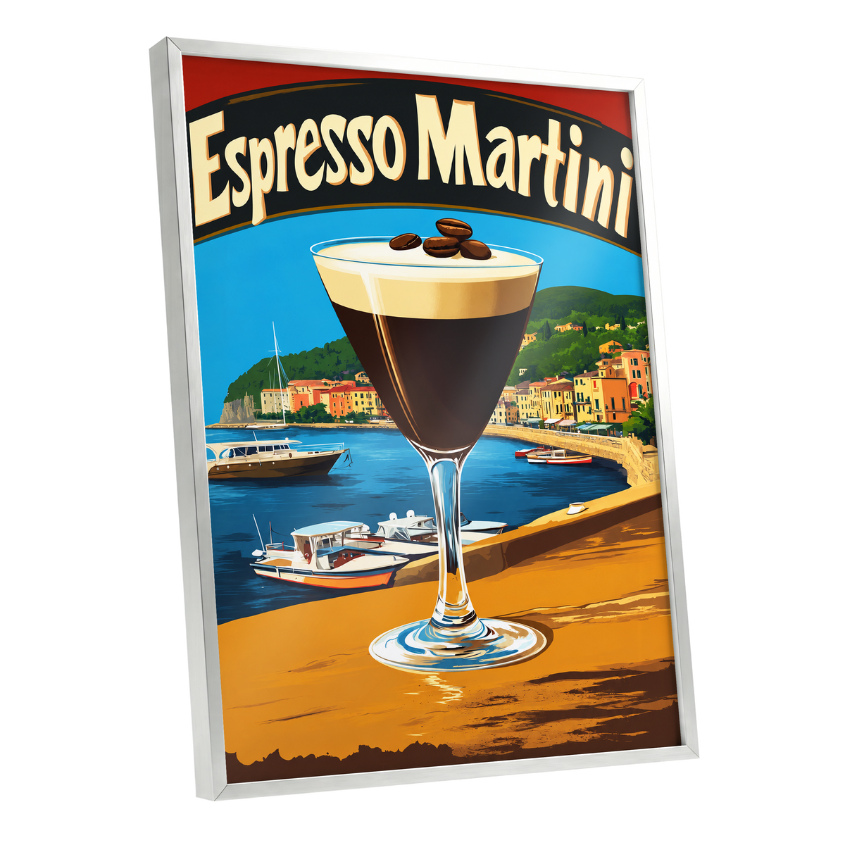 Riviera Espresso Martini, blue, orange, brown minimalist wall art shown as a silver framed poster wall art print