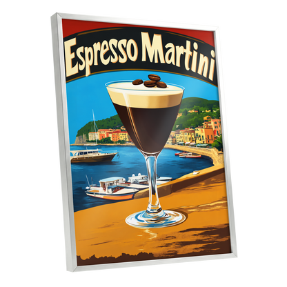 Riviera Espresso Martini, blue, orange, brown minimalist wall art shown as a silver framed poster wall art print