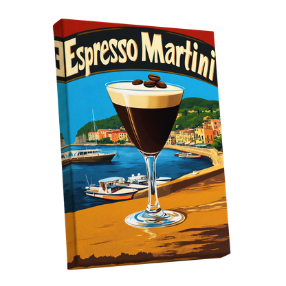Riviera Espresso Martini, blue, orange, brown minimalist wall art shown as a stretched canvas wall art