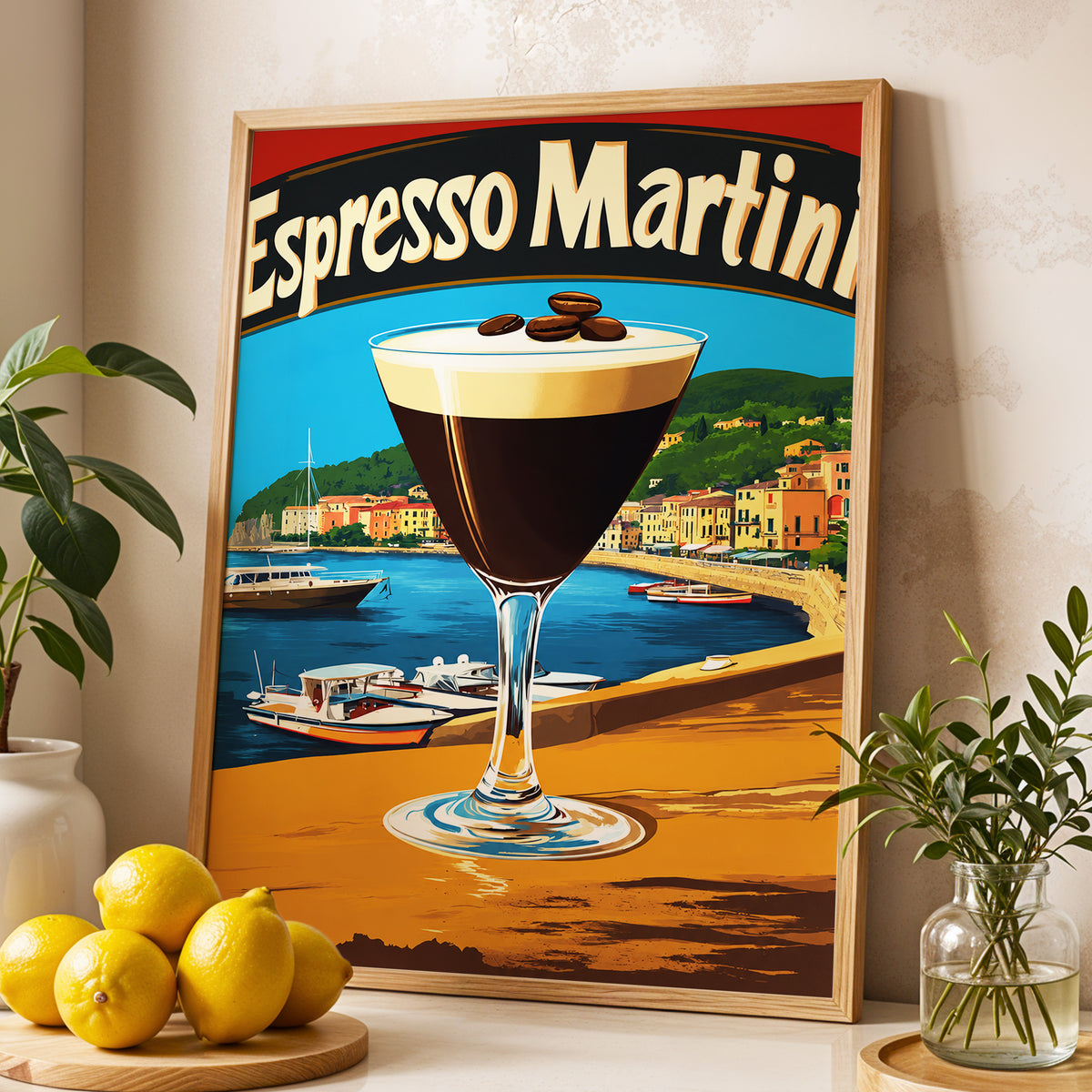 Riviera Espresso Martini, blue, orange, brown minimalist wall art displayed in a styled interior, gallery view 3
