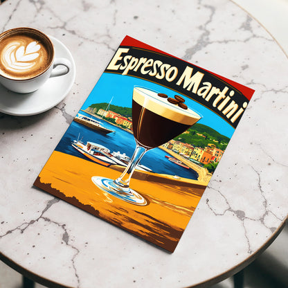 Riviera Espresso Martini, blue, orange, brown minimalist wall art displayed in a styled interior, gallery view 4
