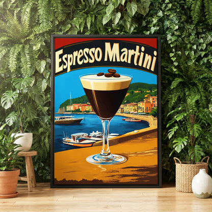 Riviera Espresso Martini, blue, orange, brown minimalist wall art displayed in a styled interior, gallery view 5