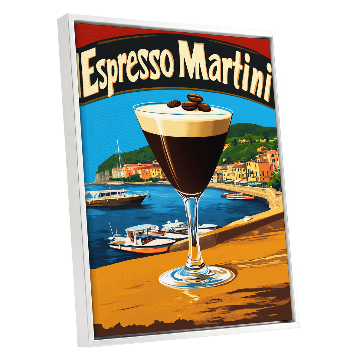 Riviera Espresso Martini, blue, orange, brown minimalist wall art shown as a white framed canvas wall art