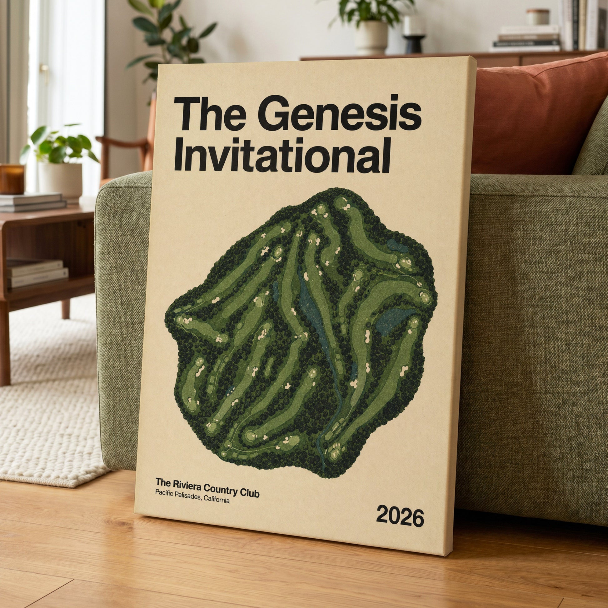 Riviera Greens 2026, green, beige, black nature wall art on canvas displayed in a styled interior, gallery view 1