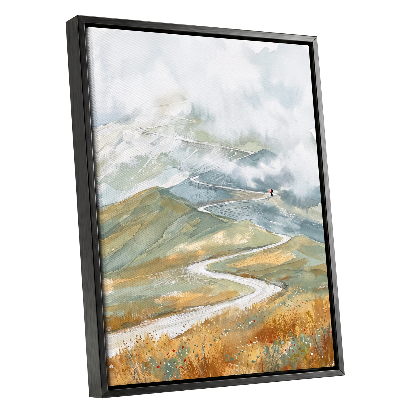 Road Into the Mist, white, blue, gray nature wall art shown as a black framed canvas wall art