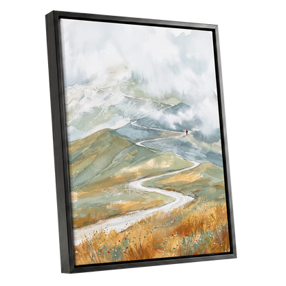 Road Into the Mist, white, blue, gray nature wall art shown as a black framed canvas wall art