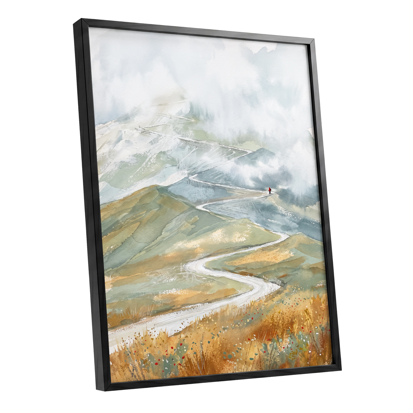 Road Into the Mist, white, blue, gray nature wall art shown as a black framed poster wall art print