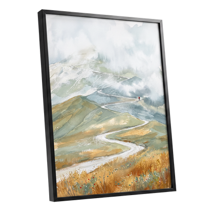Road Into the Mist, white, blue, gray nature wall art shown as a black framed poster wall art print