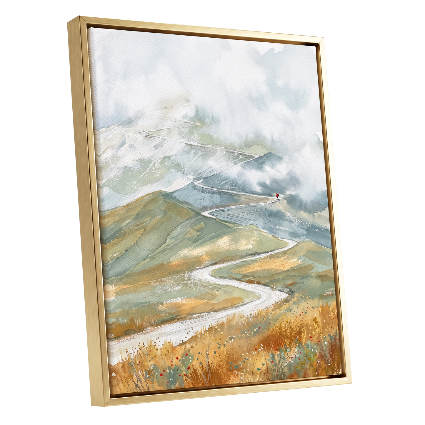 Road Into the Mist, white, blue, gray nature wall art shown as a gold framed canvas wall art