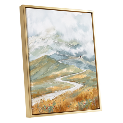 Road Into the Mist, white, blue, gray nature wall art shown as a gold framed canvas wall art