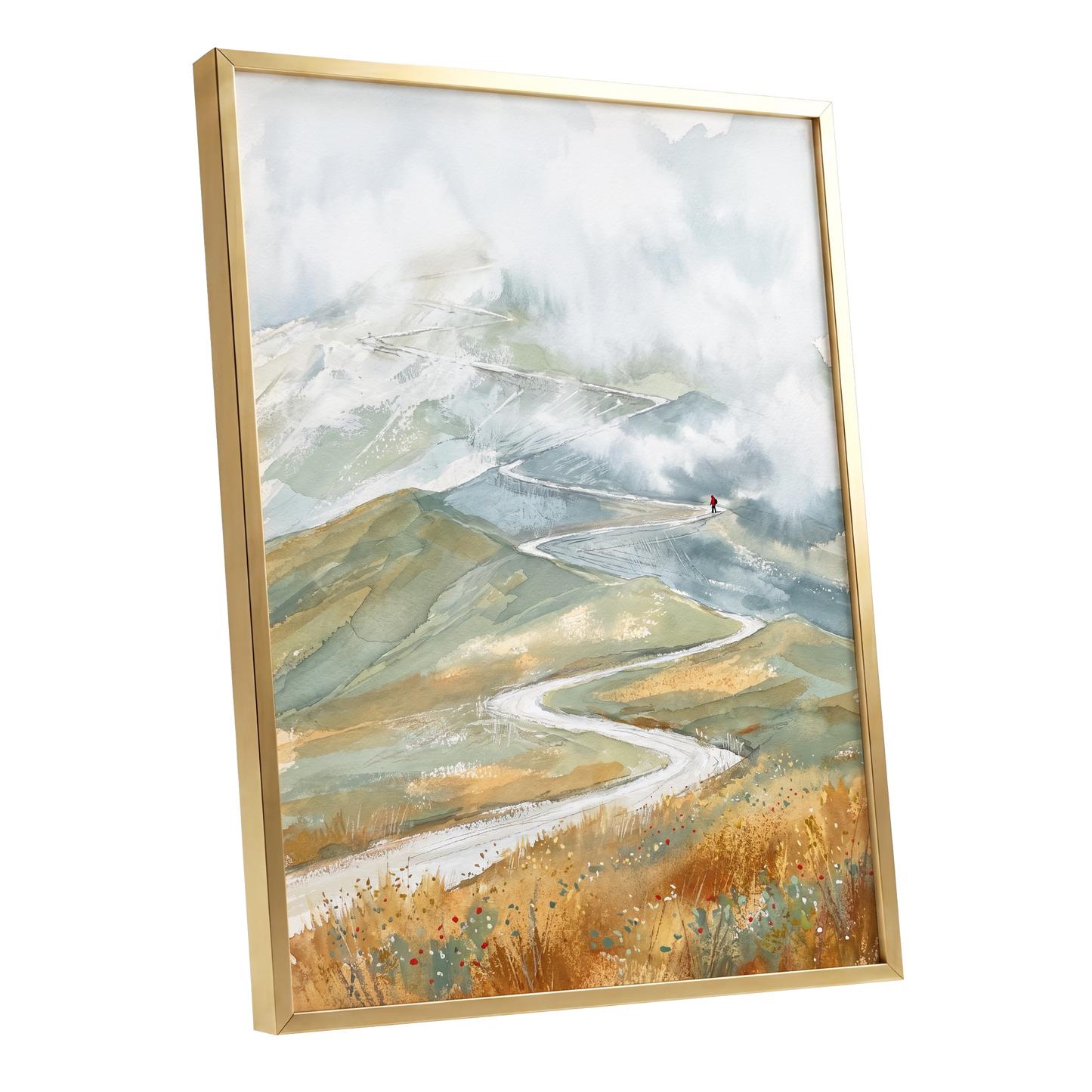Road Into the Mist, white, blue, gray nature wall art shown as a gold framed poster wall art print