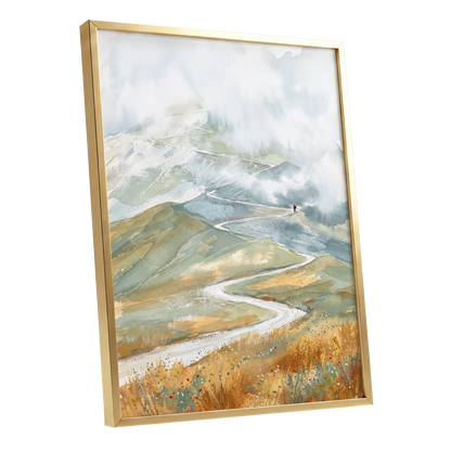 Road Into the Mist, white, blue, gray nature wall art shown as a gold framed poster wall art print