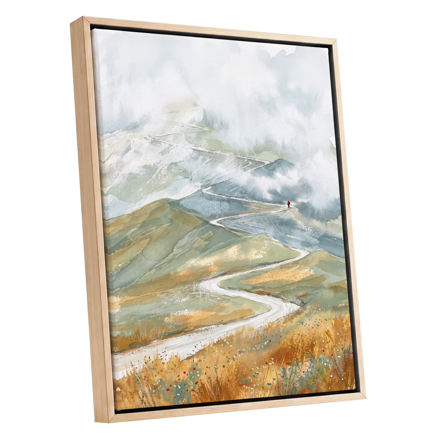 Road Into the Mist, white, blue, gray nature wall art shown as a oak framed canvas wall art