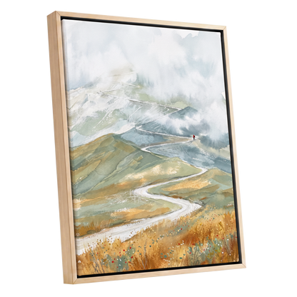 Road Into the Mist, white, blue, gray nature wall art shown as a oak framed canvas wall art
