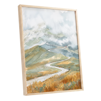 Road Into the Mist, white, blue, gray nature wall art shown as a oak framed poster wall art print