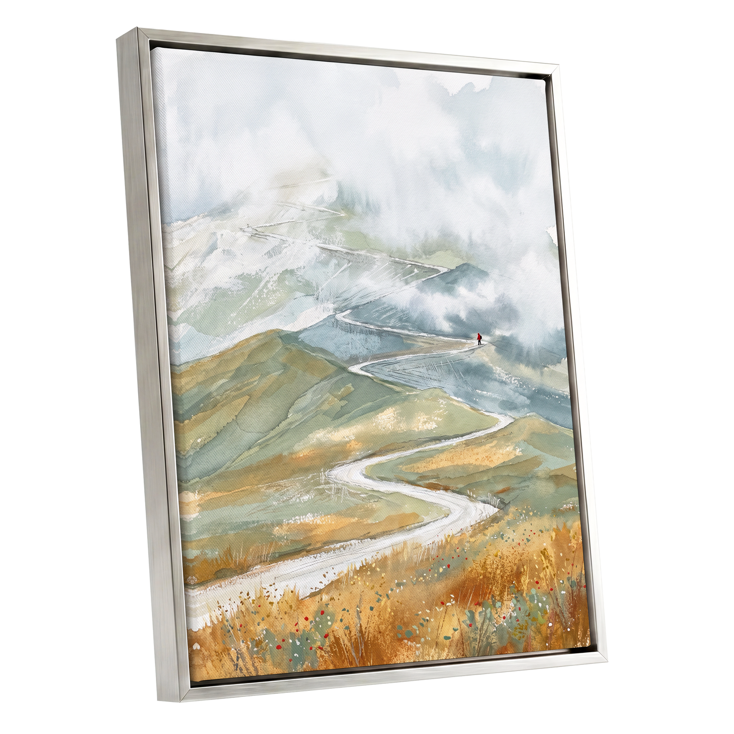 Road Into the Mist, white, blue, gray nature wall art shown as a silver framed canvas wall art