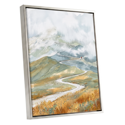 Road Into the Mist, white, blue, gray nature wall art shown as a silver framed canvas wall art