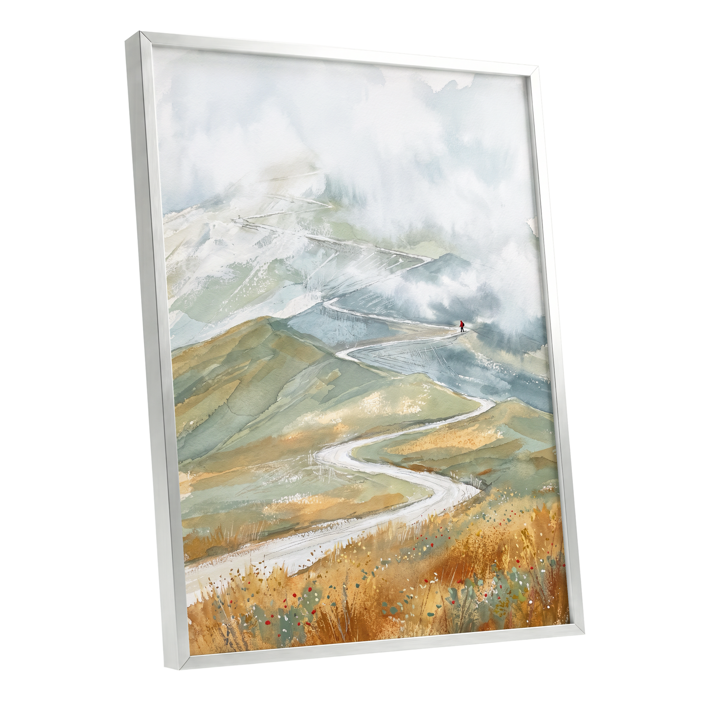 Road Into the Mist, white, blue, gray nature wall art shown as a silver framed poster wall art print