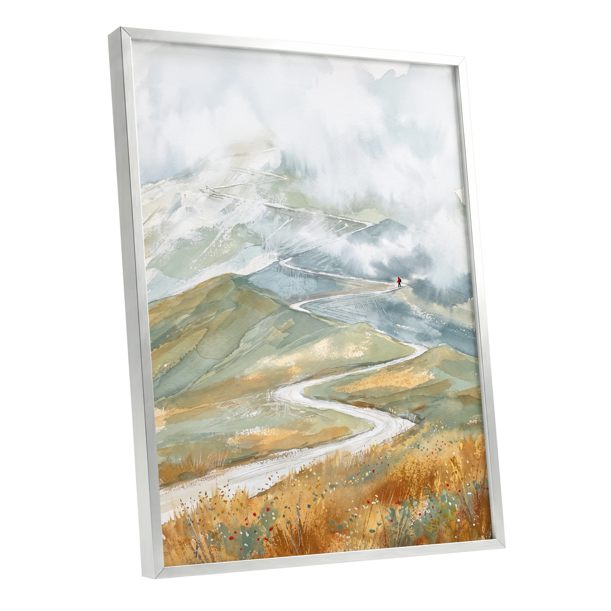 Road Into the Mist, white, blue, gray nature wall art shown as a silver framed poster wall art print