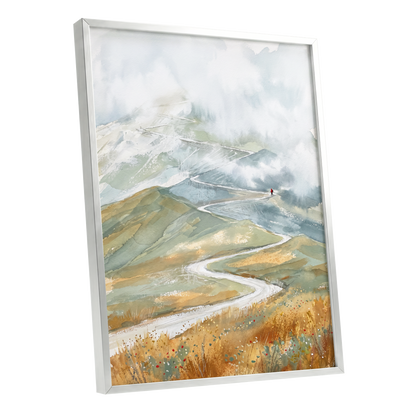 Road Into the Mist, white, blue, gray nature wall art shown as a silver framed poster wall art print
