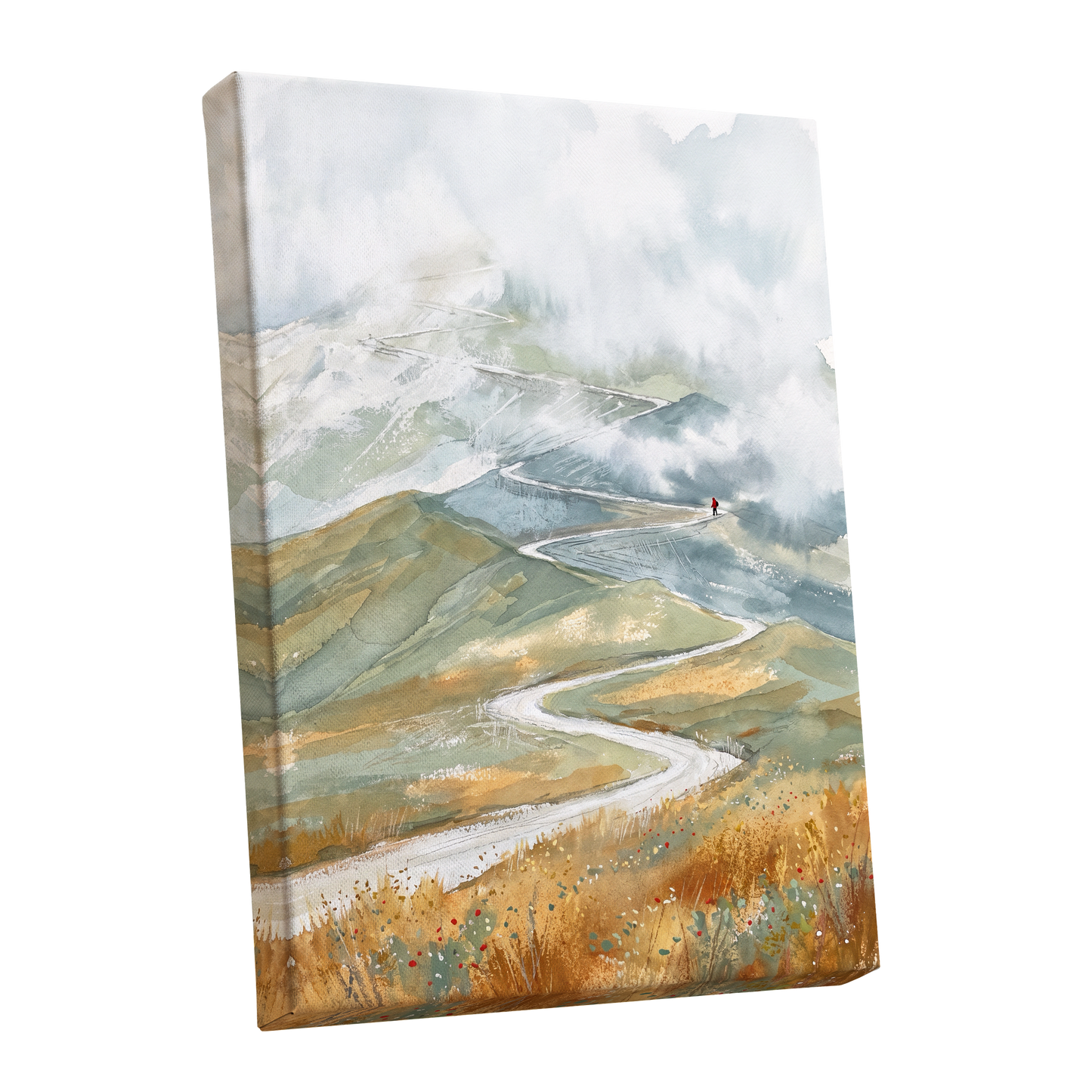 Road Into the Mist, white, blue, gray nature wall art shown as a stretched canvas wall art
