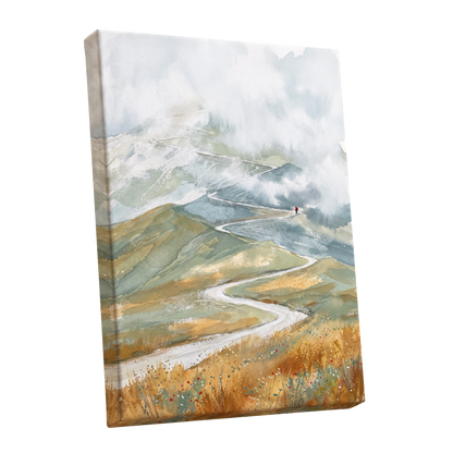 Road Into the Mist, white, blue, gray nature wall art shown as a stretched canvas wall art