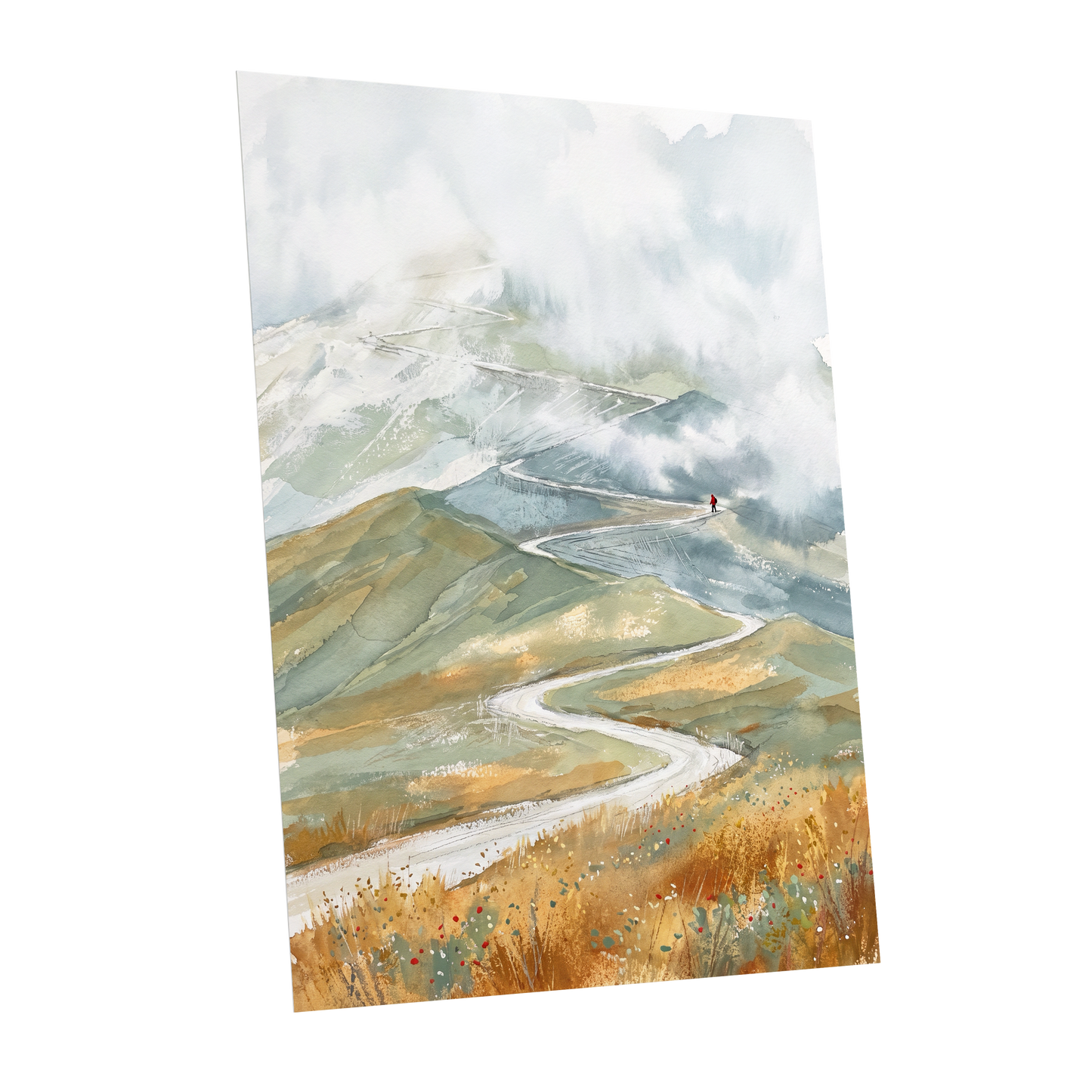 Road Into the Mist, white, blue, gray nature wall art shown as a unframed poster wall art print