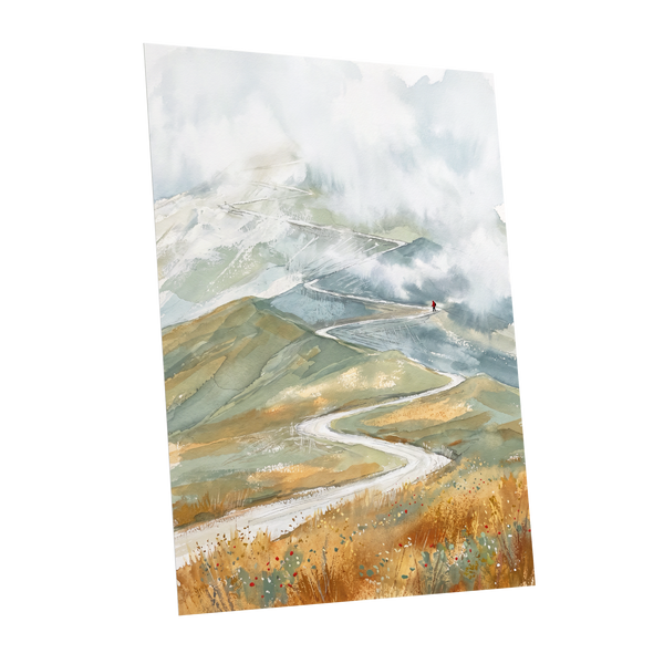 Road Into the Mist, white, blue, gray nature wall art shown as a unframed poster wall art print