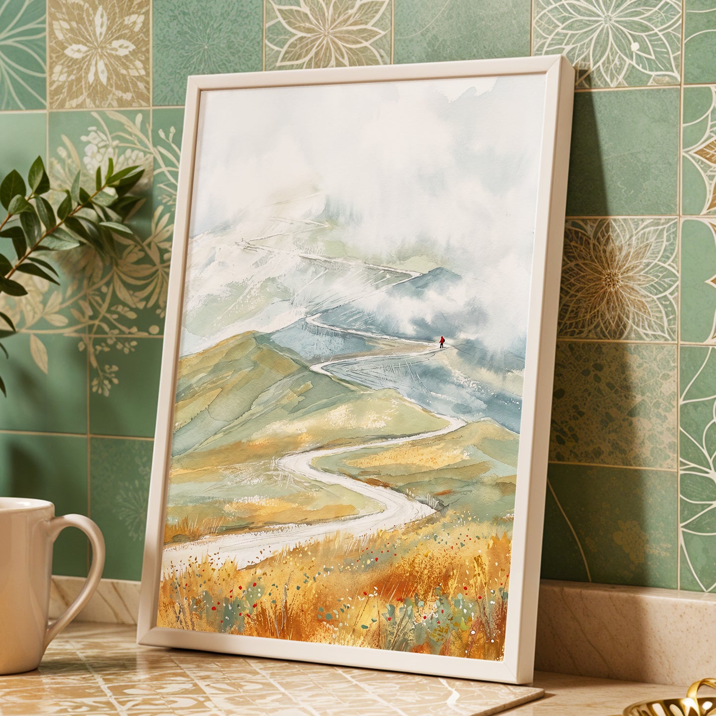 Road Into the Mist, white, blue, gray nature wall art displayed in a styled interior, gallery view 2