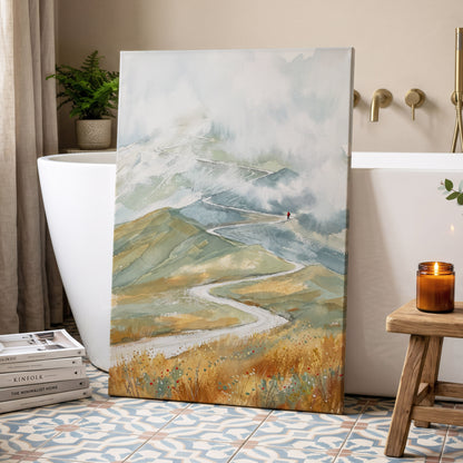 Road Into the Mist, white, blue, gray nature wall art displayed in a styled interior, gallery view 3