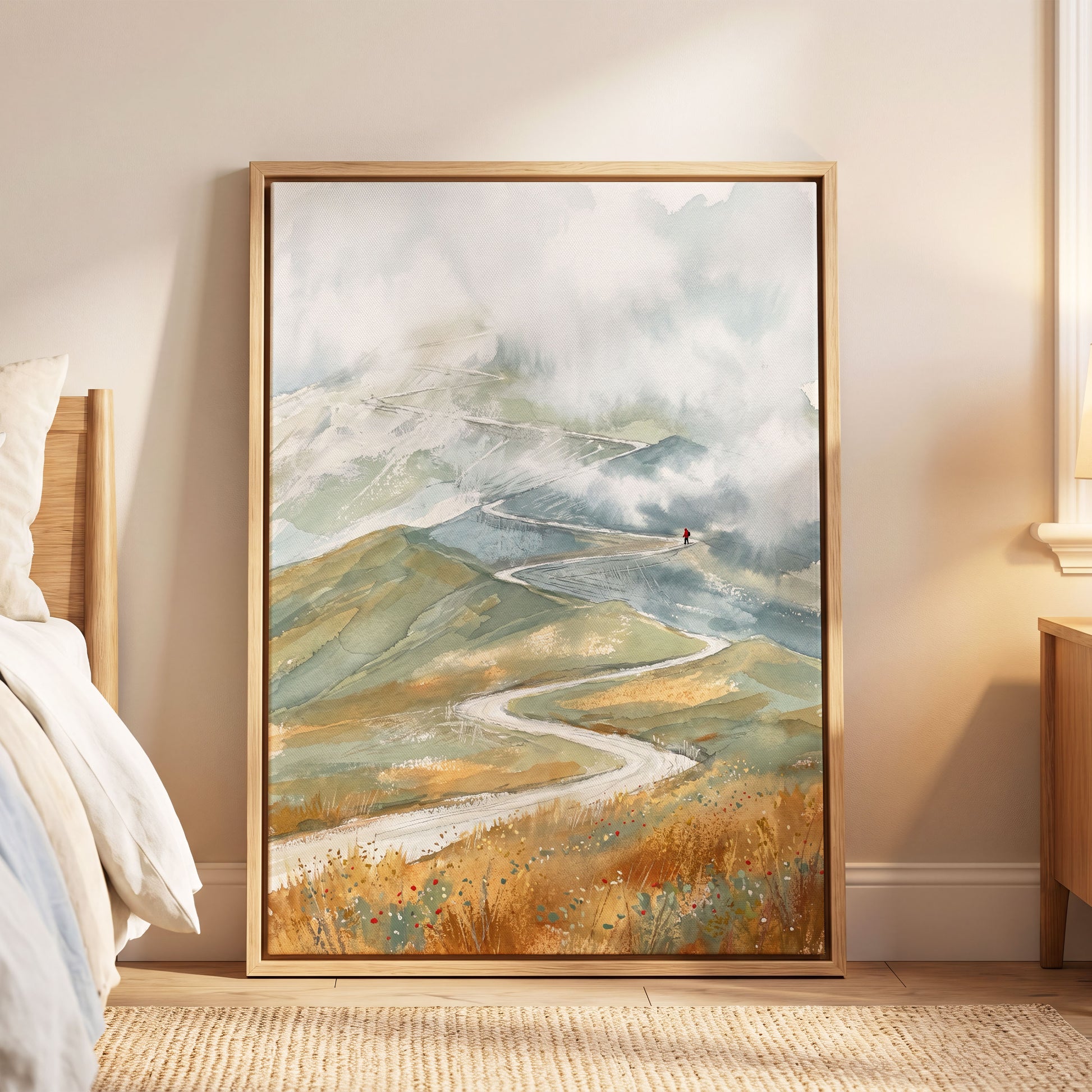 Road Into the Mist, white, blue, gray nature wall art displayed in a styled interior, gallery view 4