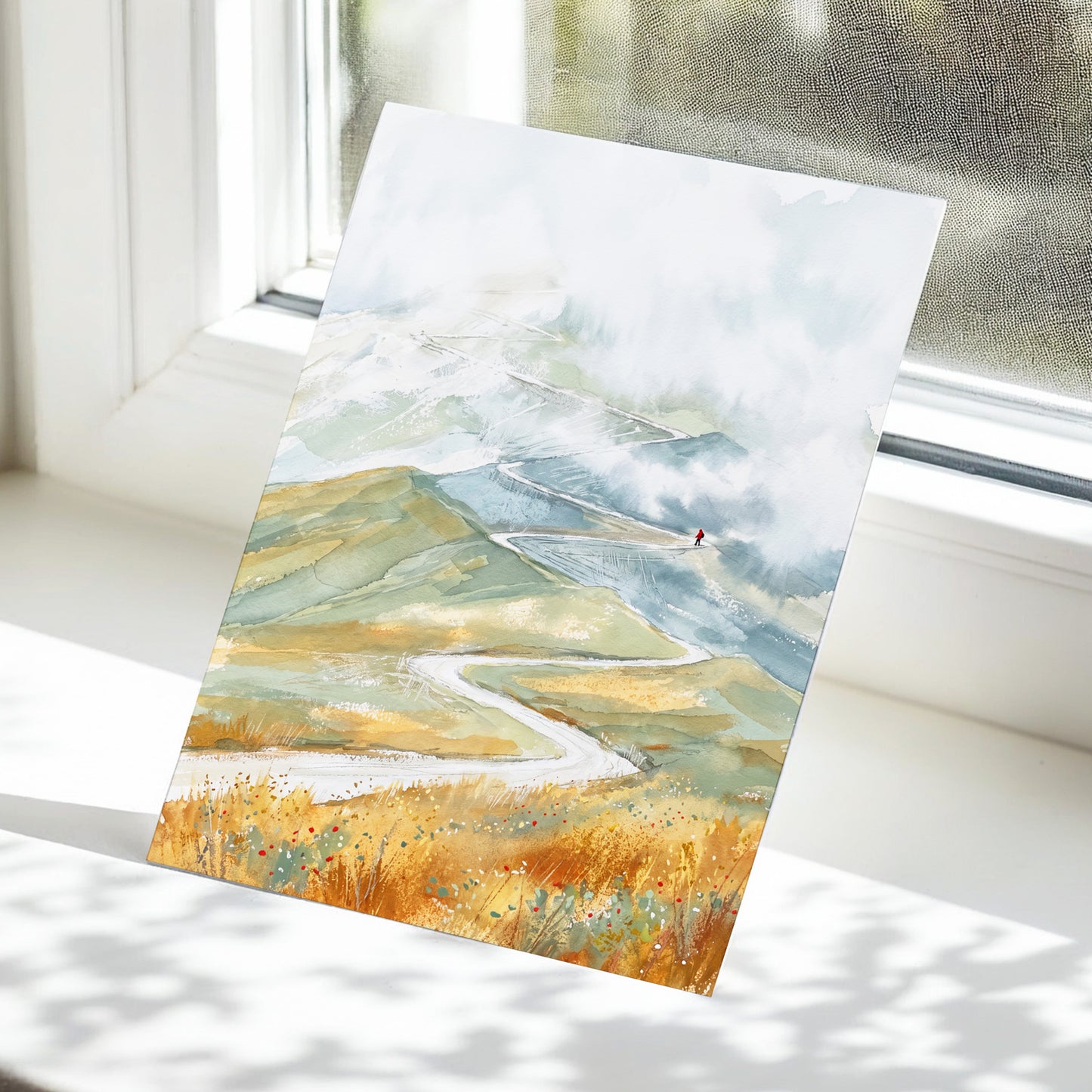 Road Into the Mist, white, blue, gray nature wall art displayed in a styled interior, gallery view 5