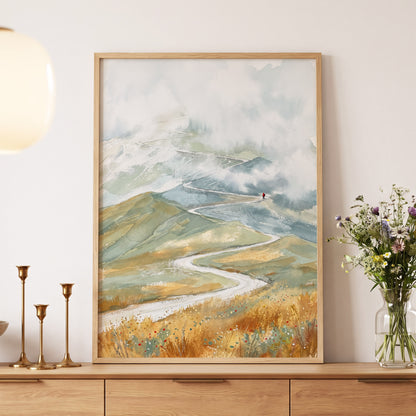 Road Into the Mist, white, blue, gray nature wall art displayed in a styled interior, gallery view 6