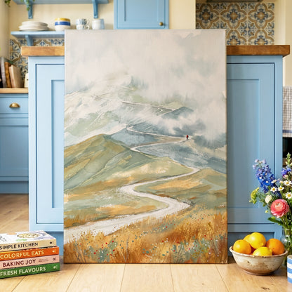 Road Into the Mist, white, blue, gray nature wall art displayed in a styled interior, gallery view 7