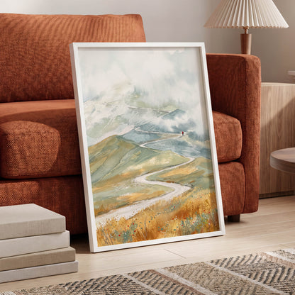 Road Into the Mist, white, blue, gray nature wall art displayed in a styled interior, gallery view 9
