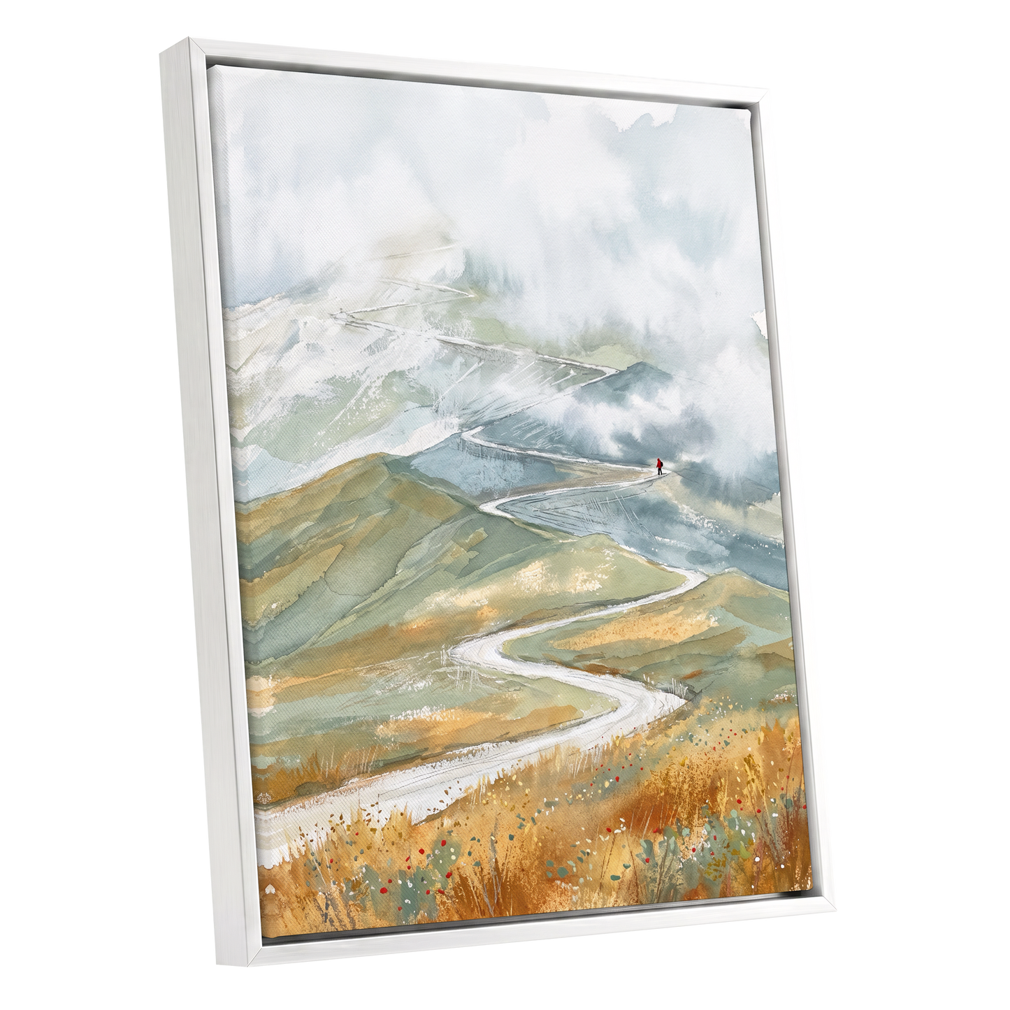 Road Into the Mist, white, blue, gray nature wall art shown as a white framed canvas wall art