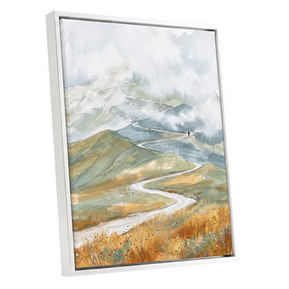 Road Into the Mist, white, blue, gray nature wall art shown as a white framed canvas wall art