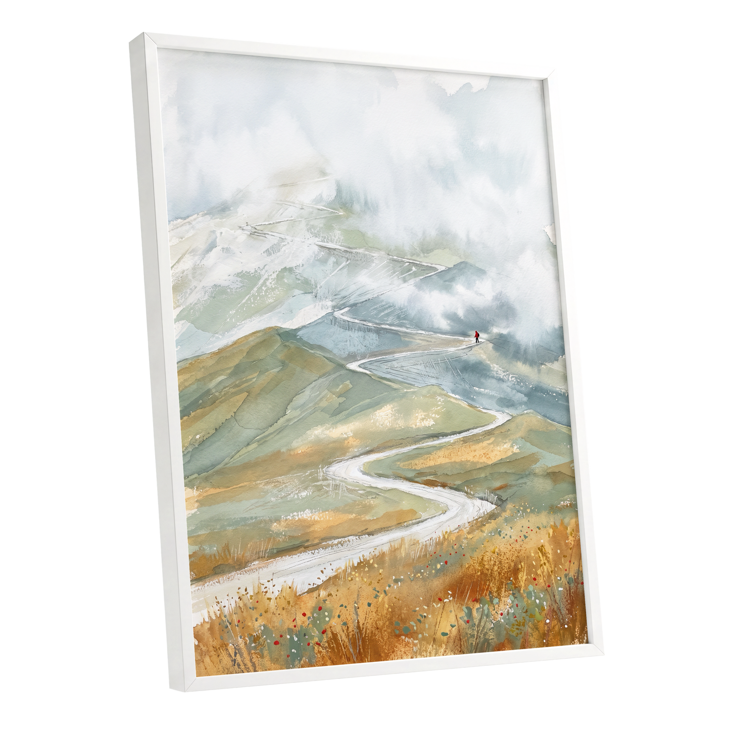 Road Into the Mist, white, blue, gray nature wall art shown as a white framed poster wall art print