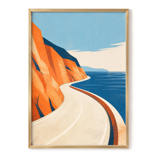 Road to the Blue, blue, orange, beige nature wall art, front artwork view