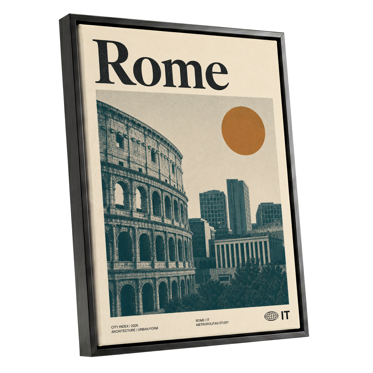Rome, Then and Now, beige, green, orange minimalist wall art shown as a black framed canvas wall art