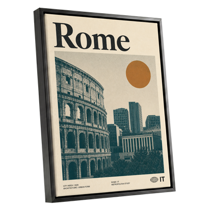 Rome, Then and Now, beige, green, orange minimalist wall art shown as a black framed canvas wall art