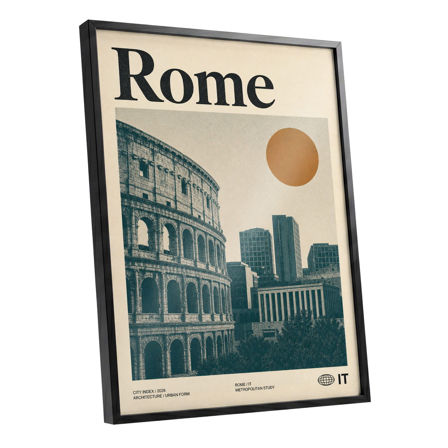 Rome, Then and Now, beige, green, orange minimalist wall art shown as a black framed poster wall art print